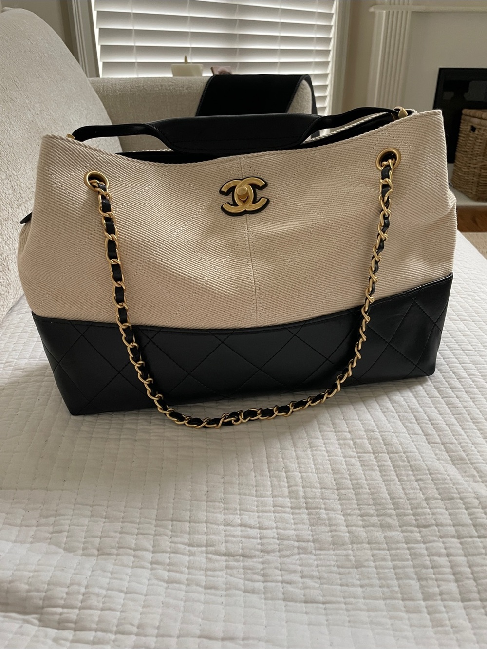 Black & Cream Canvas and Leather Chain Shoulder Tote
